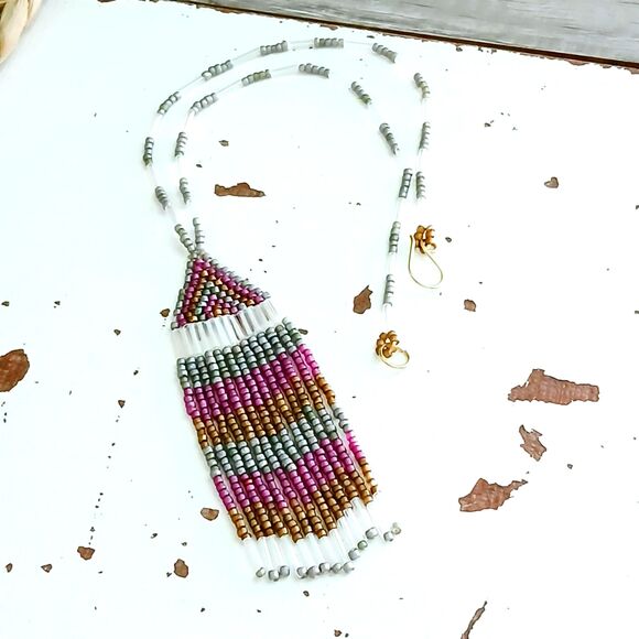 Boho Chic Beaded Fringe Choker Necklace, Seed Bead Jewelry, Statement, 14" - Picture 2 of 6